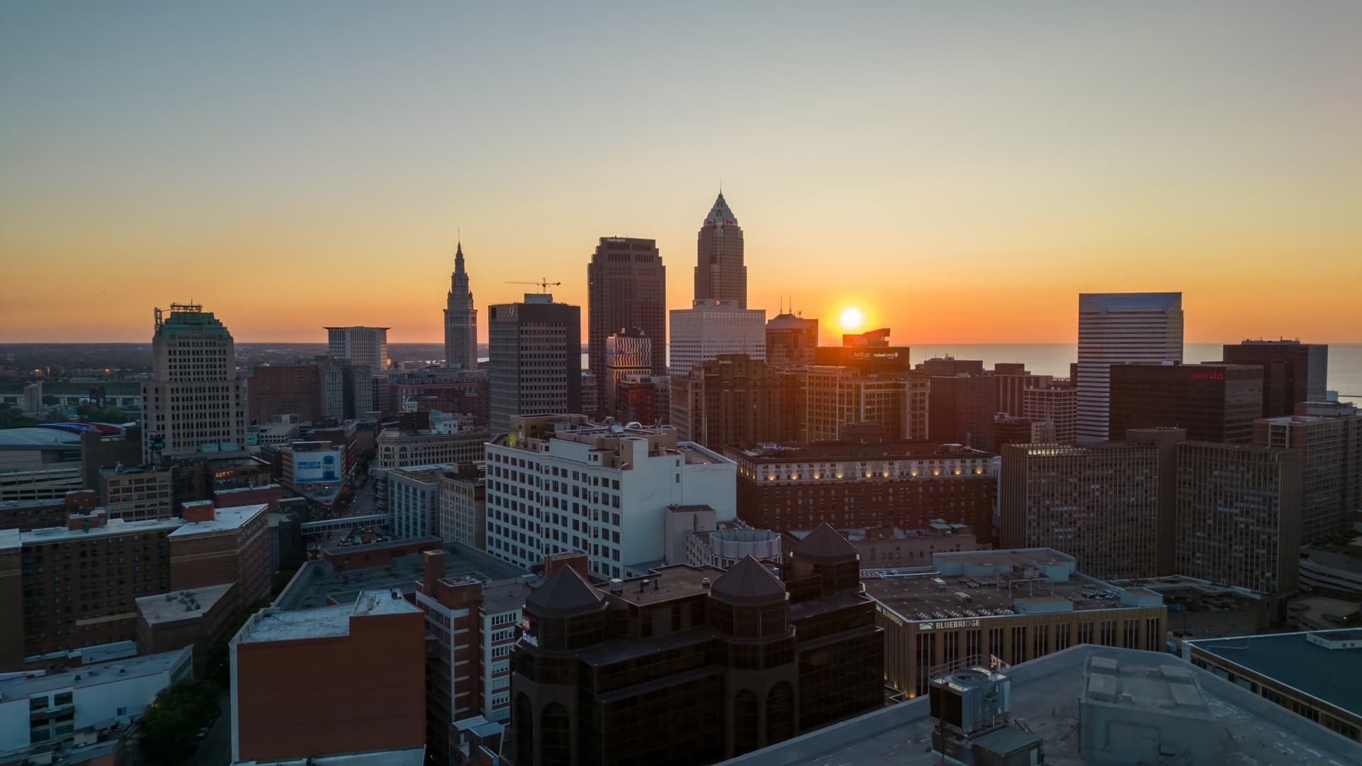 The downtown Cleveland, Ohio skyline at sunset